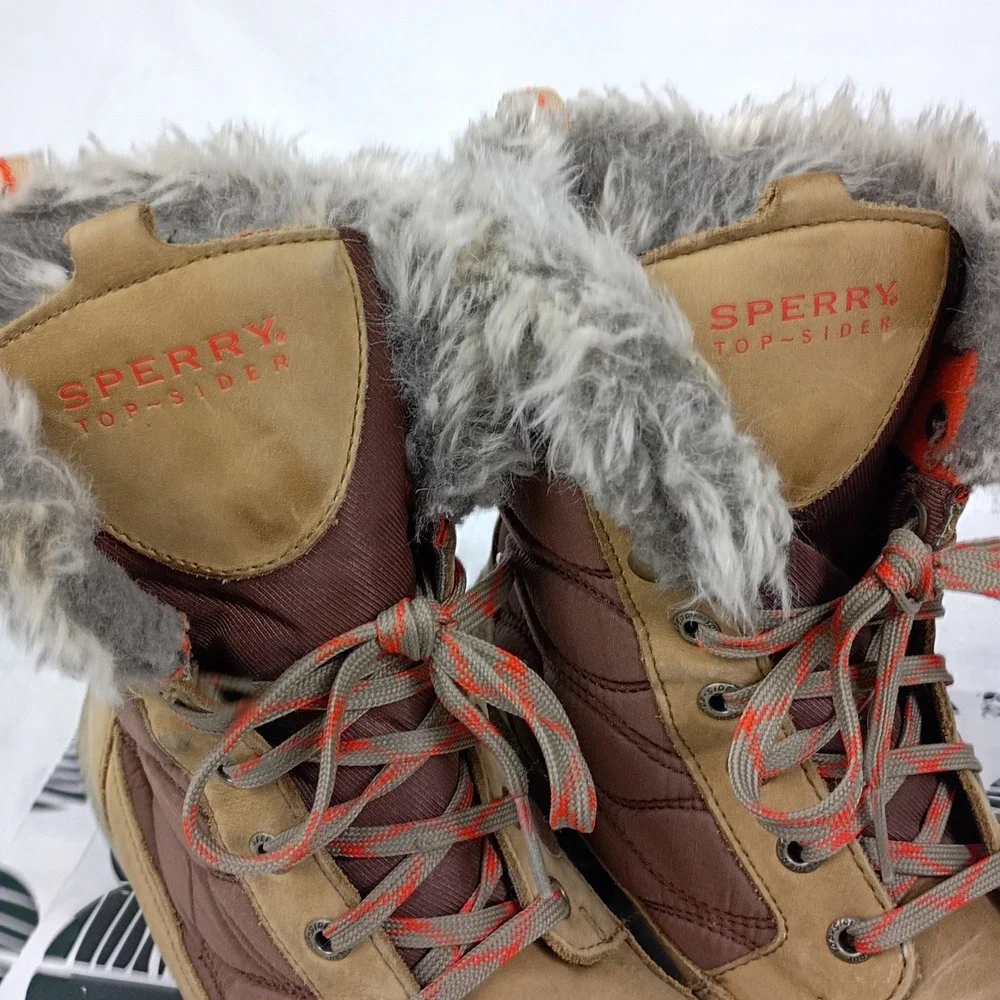 Sperry Top-Sider Womens STS90007 Waterproof Winter Boots Tan Brown Fur Trim 10M‎